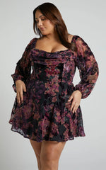 Jessell Mini Dress - Long Sleeve Cowl Corset Dress In Burnt Out Floral