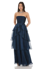 Corset Ruffle Strapless Maxi Dress In Navy