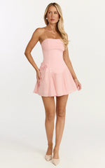 Penny Mini Dress - Strapless Corset Bodice Floral Embellished Godet Dress In Soft Pink