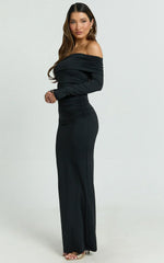Emilie Maxi Dress - Off Shoulder Long Sleeve Ruched Jersey Dress In Black