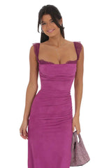Suede Draped Lace Maxi Dress In Magenta