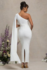 Amaryllis | White Maternity One Shoulder Maxi Dress With Cape Sleeve