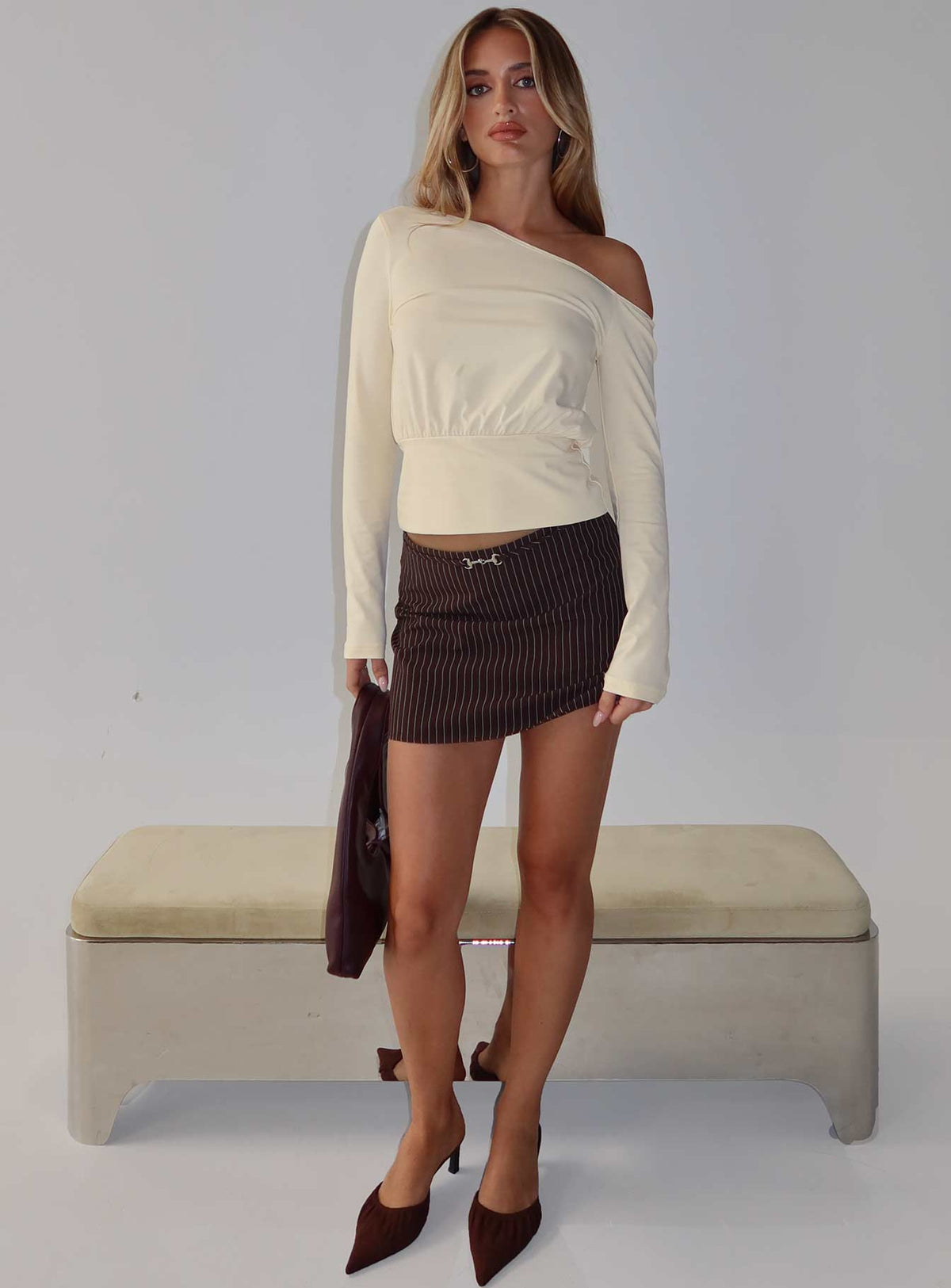 Yellena Buckle Mini Skirt Brown Pinstripe