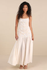 Kalene Cream 3D Rosette Sheer Hem Maxi Dress