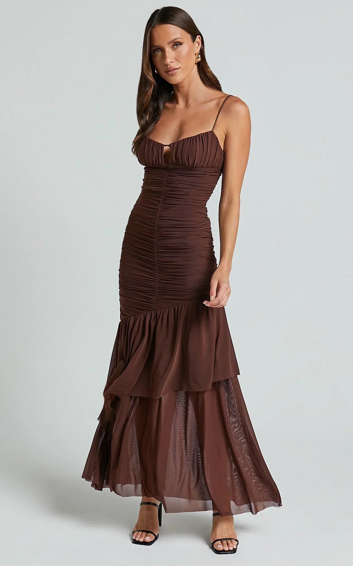 Harlene Maxi Dress- Ruched Mesh Frill Hem Dress In Chocolate