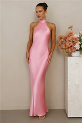 The Cleo Halter Satin Maxi Dress Candy