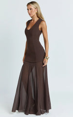 Frances Maxi Dress - Contrast U Neck Godet A Line Dress In Chocolate