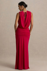 Serafina | Red Extreme-Plunge Maxi Dress With Ruched Detailing And Open-Back