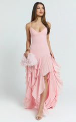 Maeve Maxi Dress - V Neck Ruffle Tier Slip Dress In Pink