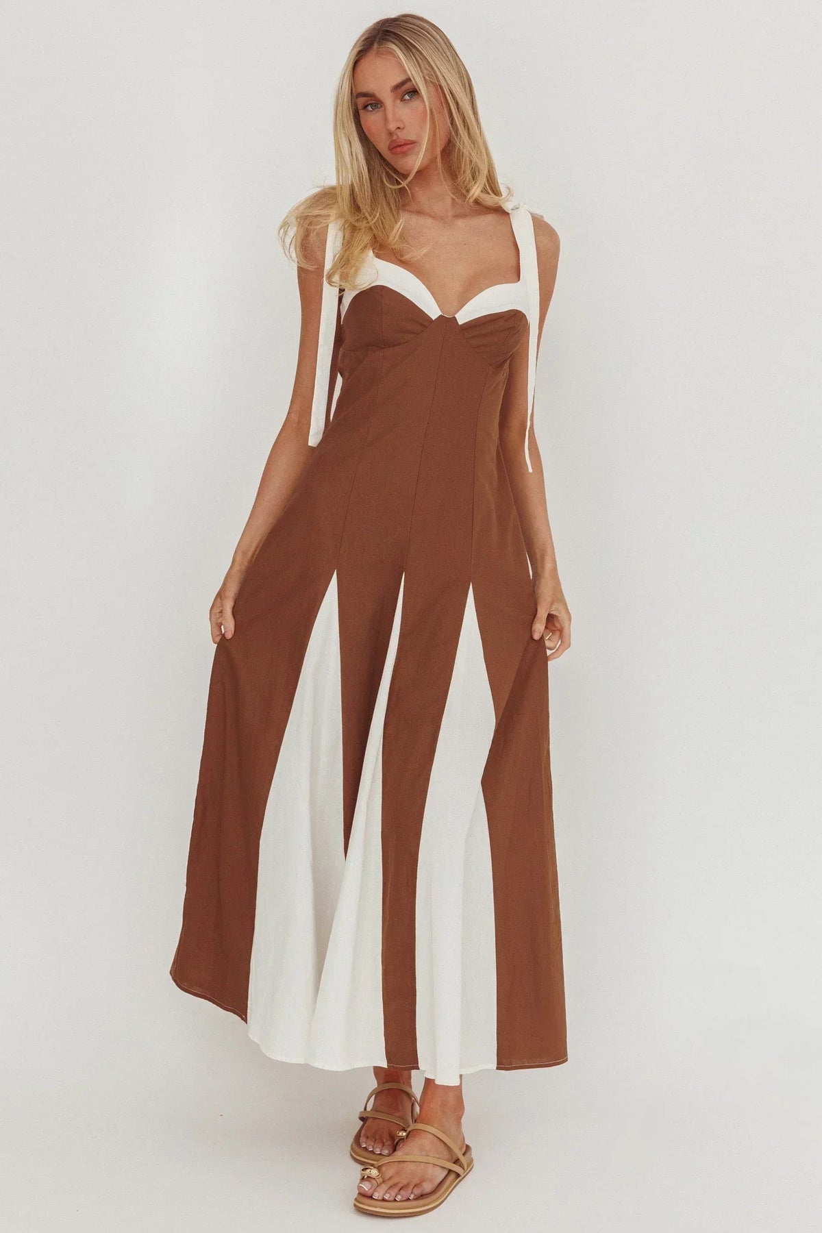 Marisa Tied Shoulder Godet Hem Maxi Dress Contrast Chocolate
