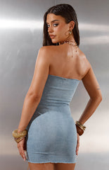 Danica Light Wash Denim Lace Up Strapless Mini Dress