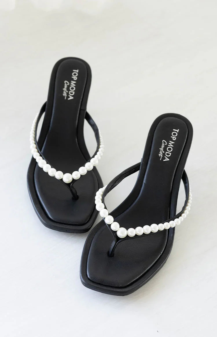 Selena Black Pearl Detail Thong Heels