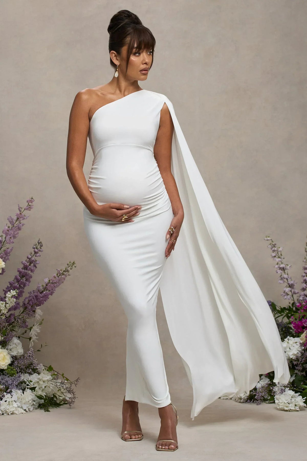 Amaryllis | White Maternity One Shoulder Maxi Dress With Cape Sleeve
