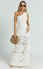 Charlene Maxi Dress - Crochet Knitted One Shoulder Maxi Dress In White